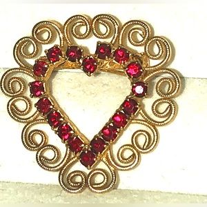 Vintage Valentines Heart Brooch Gold Lacy Red Rhinestone Mid Century Romantic